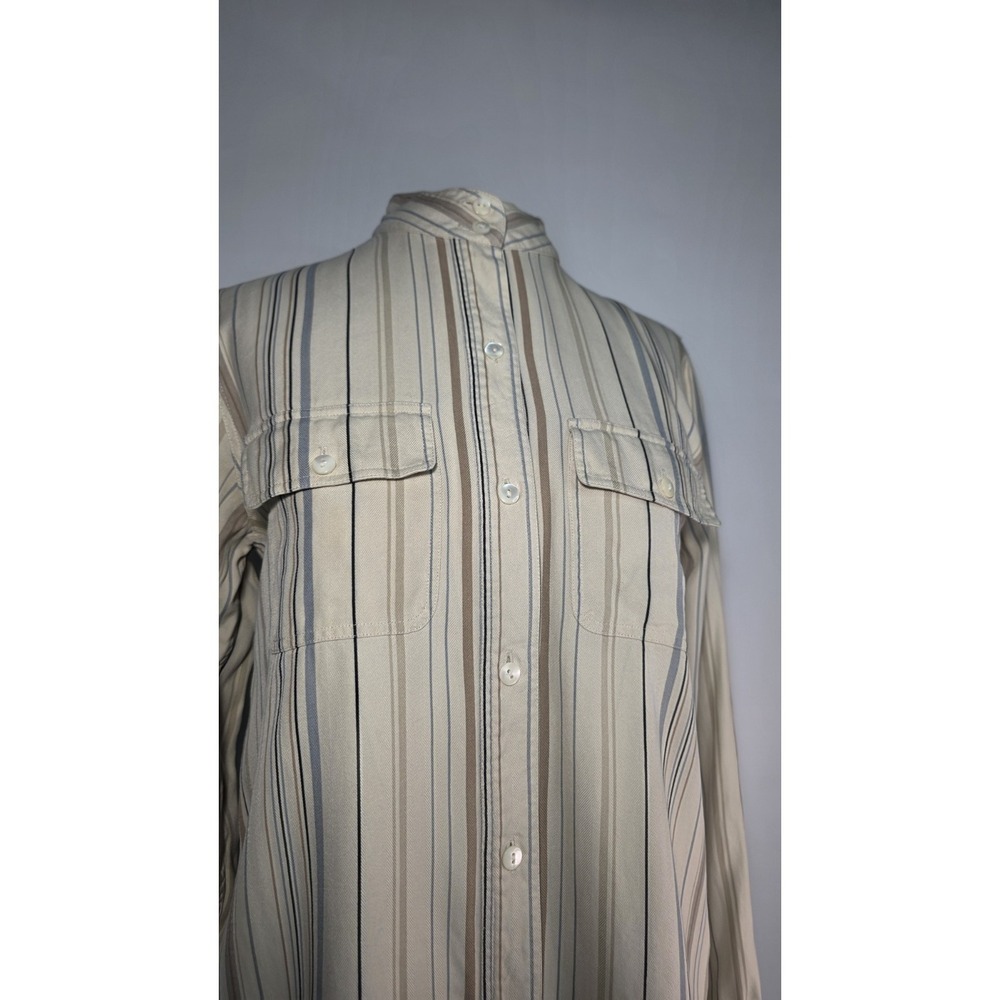 Kate Hill Casual 100% Silk Brown Tan Blue Striped Long Sleeve Blouse - Sz S - Picture 2 of 6